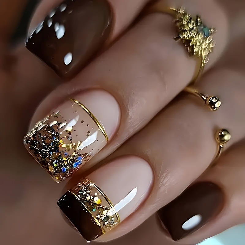Nail Art Glossy - Kadınlar için kısa kare takma tırnaklar,