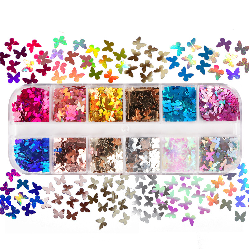 Nail Art Glossy - Mix renk floresan kelebek Glitter kirpik